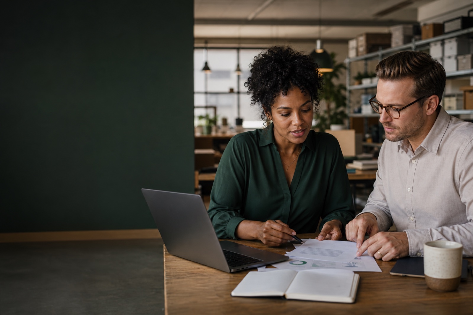 Business owner reviewing documents at a laptop