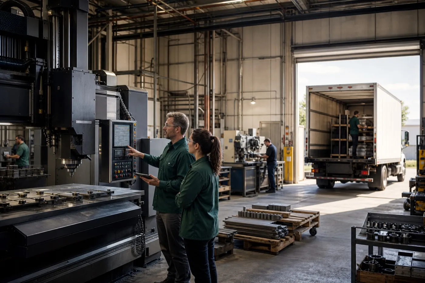 Team reviewing equipment on a manufacturing floor