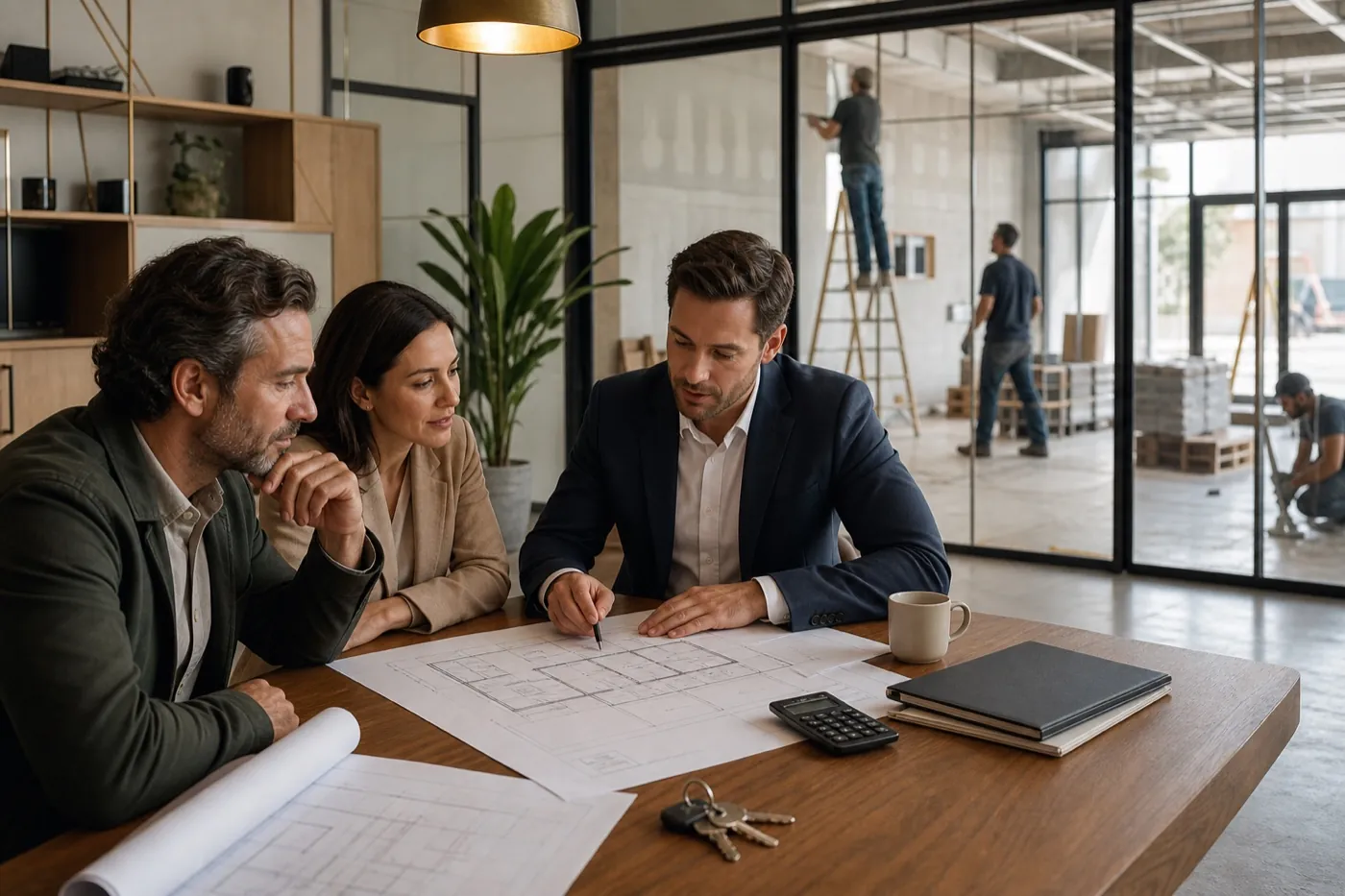 Business owner reviewing property plans