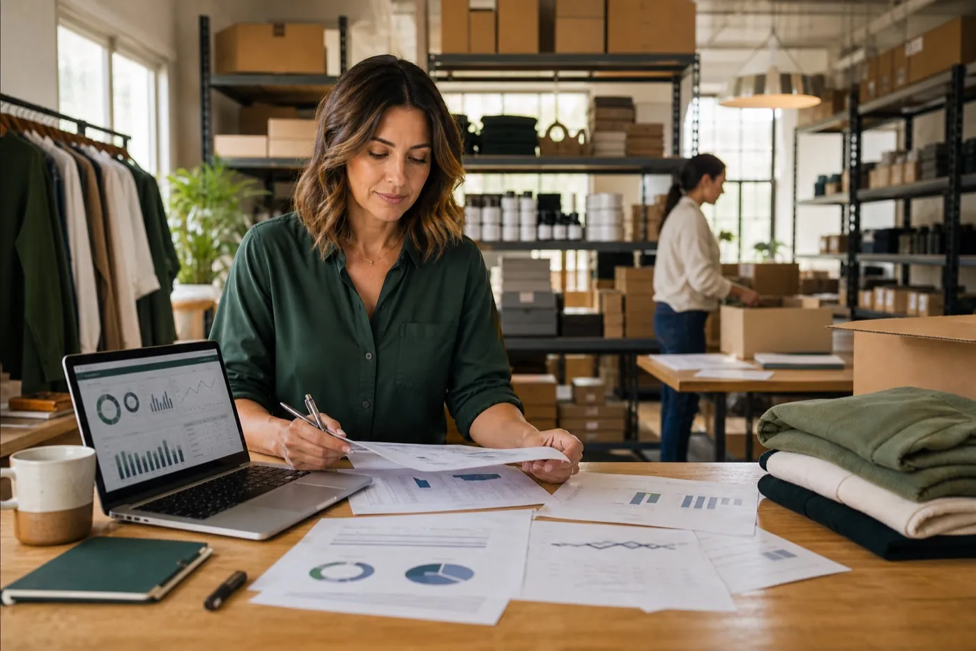 Business owner reviewing plans and financial documents