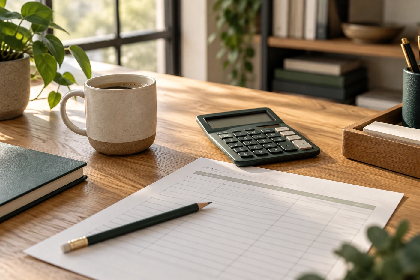 Calculator and worksheet on an oak desk