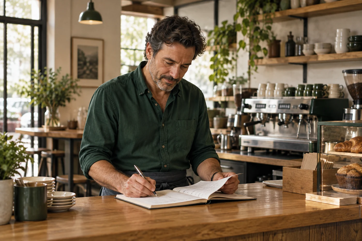 Cafe owner reviewing business finances