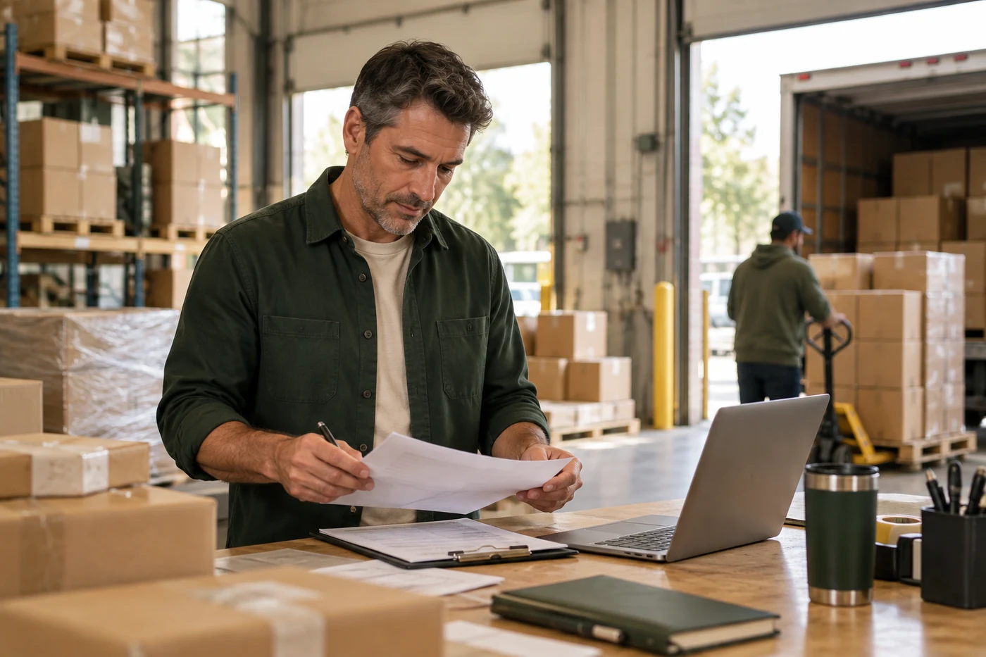 Distribution manager reviewing shipment paperwork