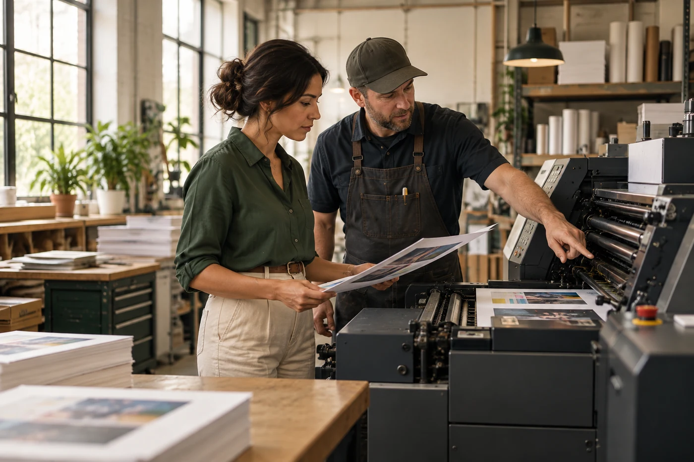 Business owner inspecting a commercial printing press