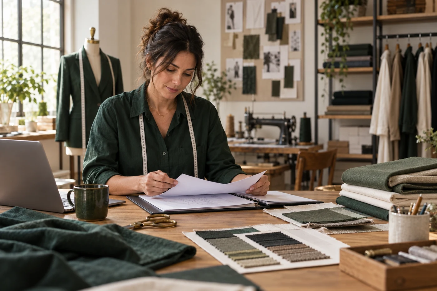 Tailoring studio owner preparing business paperwork
