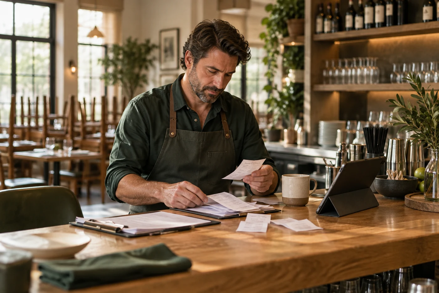 Restaurant proprietor reviewing receipts